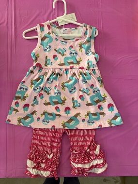 Pete + Lucy Children's Pink Sloth Print Matching Set with Ruffled Pants